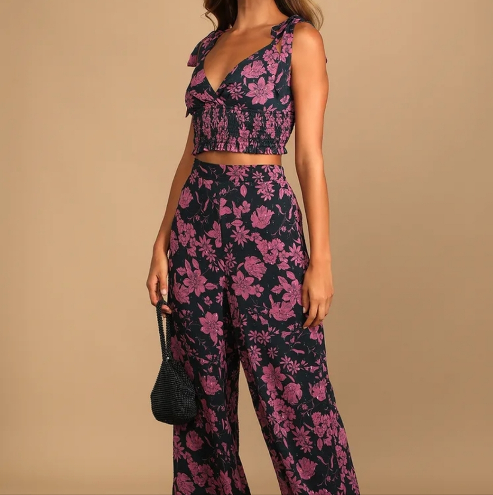 Touch of Magic Navy Blue Floral Print Two-Piece Jumpsuit